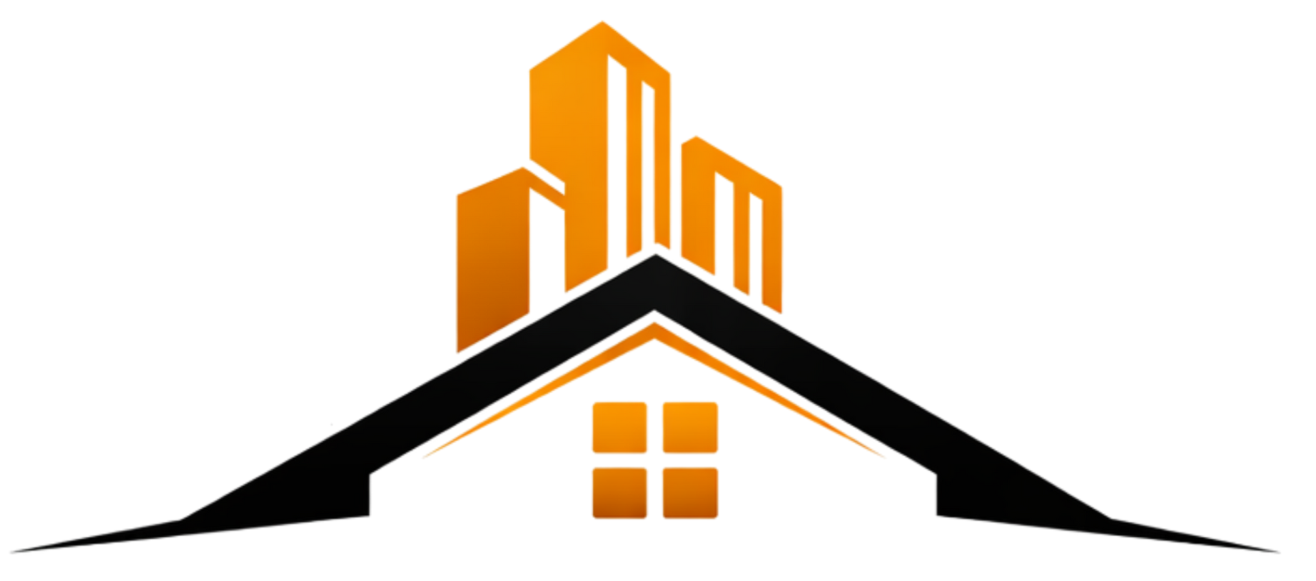 Logo of a house with buildings above it; the roof is black, the buildings are orange, and there is an orange window.