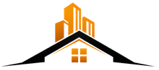 Logo of a house with buildings above it; the roof is black, the buildings are orange, and there is an orange window.