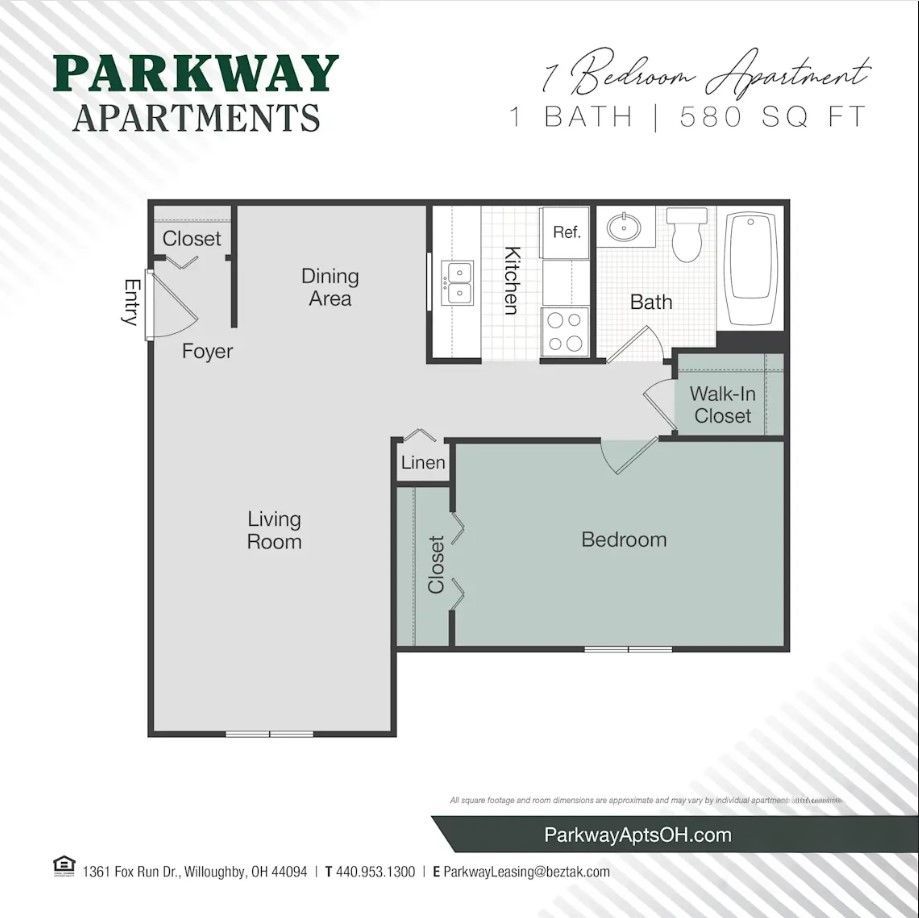Floor plan of a 1-bedroom apartment with living room, dining area, kitchen, bedroom, and bathroom.