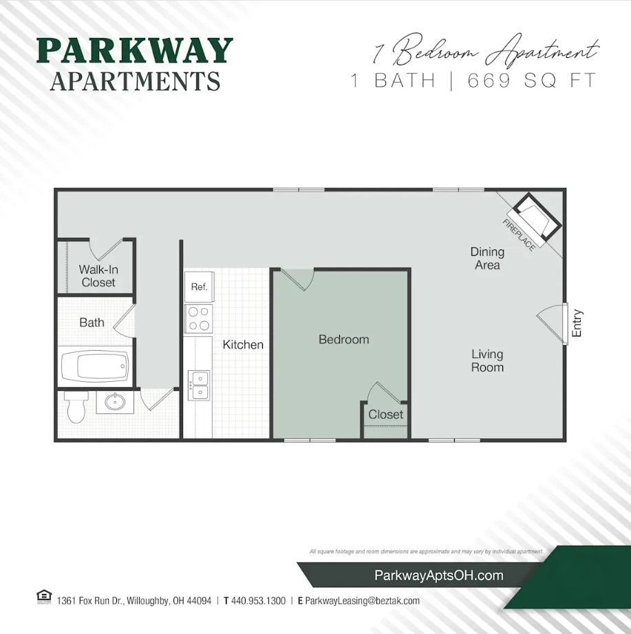 Floor plan of a 1-bedroom apartment with kitchen, living room, and walk-in closet.