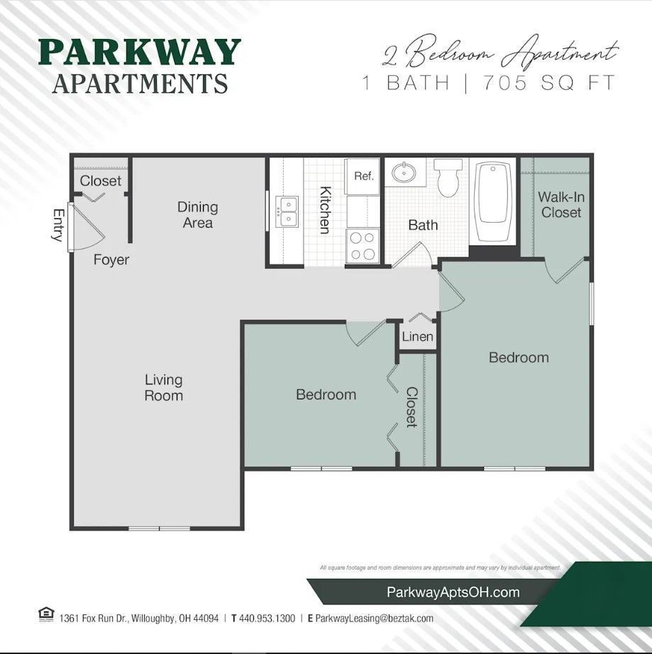 Floor plan of a 2-bedroom, 1-bath apartment at Parkway Apartments. Includes kitchen, dining, living room, and closet spaces.