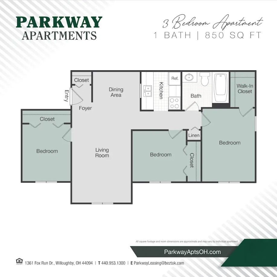 Floor plan of a 3-bedroom, 1-bath apartment with 850 sq ft. Features a living room, dining area, kitchen, and closets.