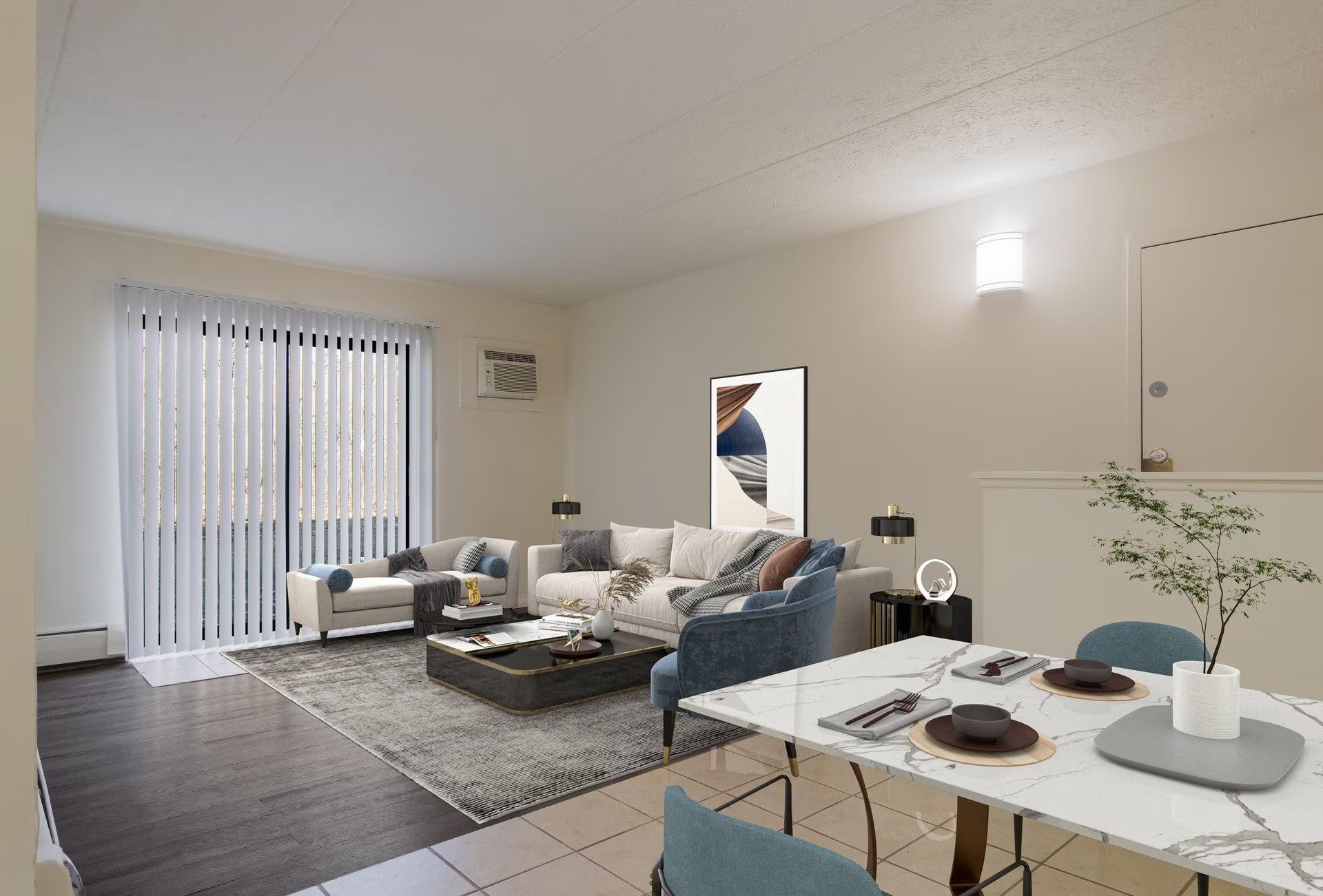 Spacious living room with dining area, featuring modern furniture, a large window, and light walls.