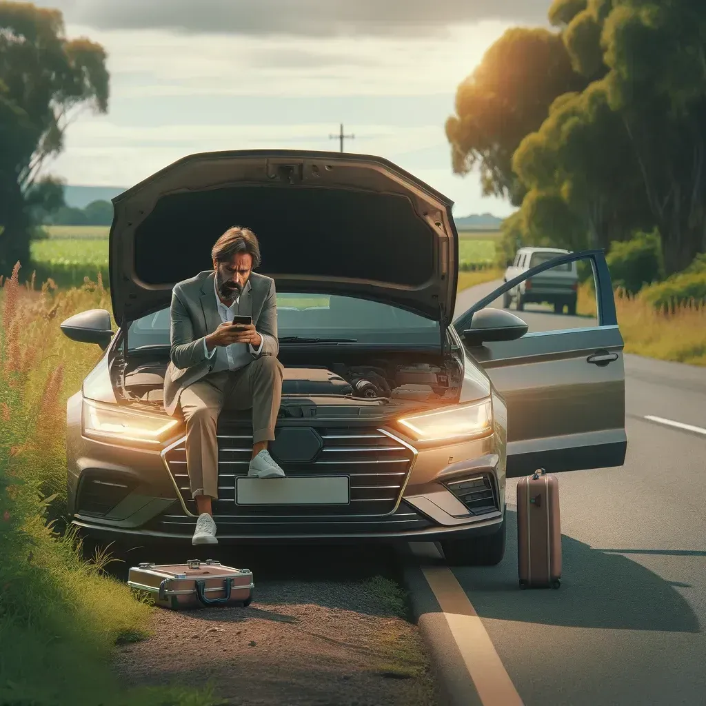Man stranded with a car on a roadside, looking at phone, luggage nearby.