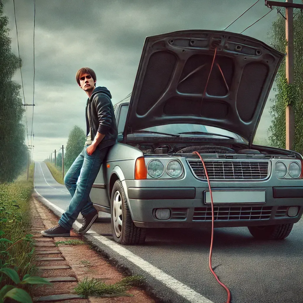 Man leaning on a car with open hood on roadside, charging cable connected.