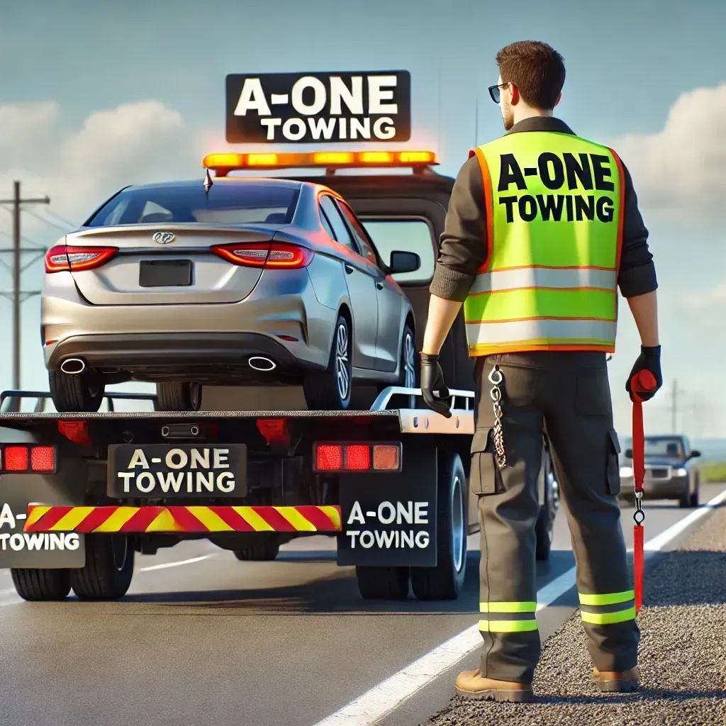A tow truck with a car on its flatbed. A tow truck operator stands beside the truck.