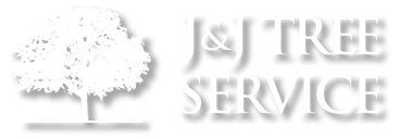 A logo for j & j tree service with a tree in the background.