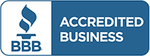 A blue and white sign that says accredited business