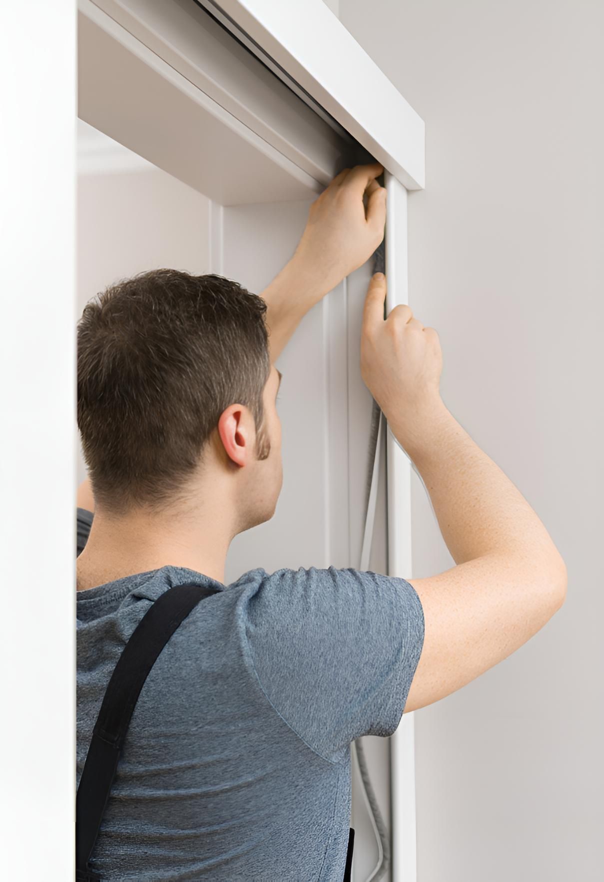 Man is Installing a Sliding Glass Door — Ezi Slide - Glass, Sliding, Track & Security Doors Repair in Ashmore, QLD