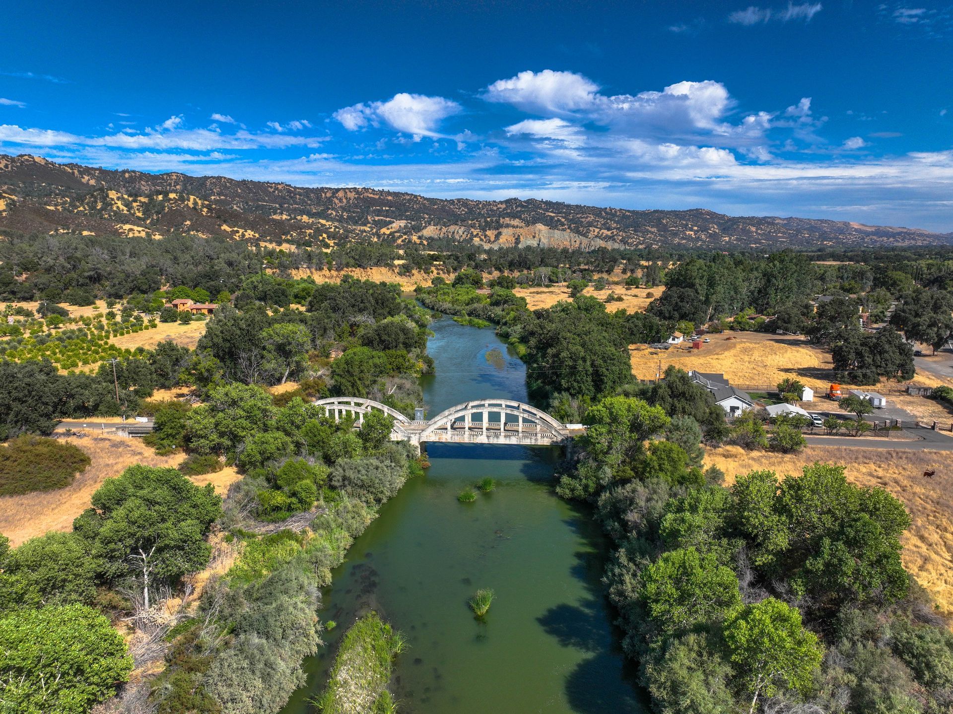 An aerial view of a bridge over a river surrounded by trees.