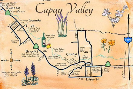 A map of capay valley has a bottle of wine on it