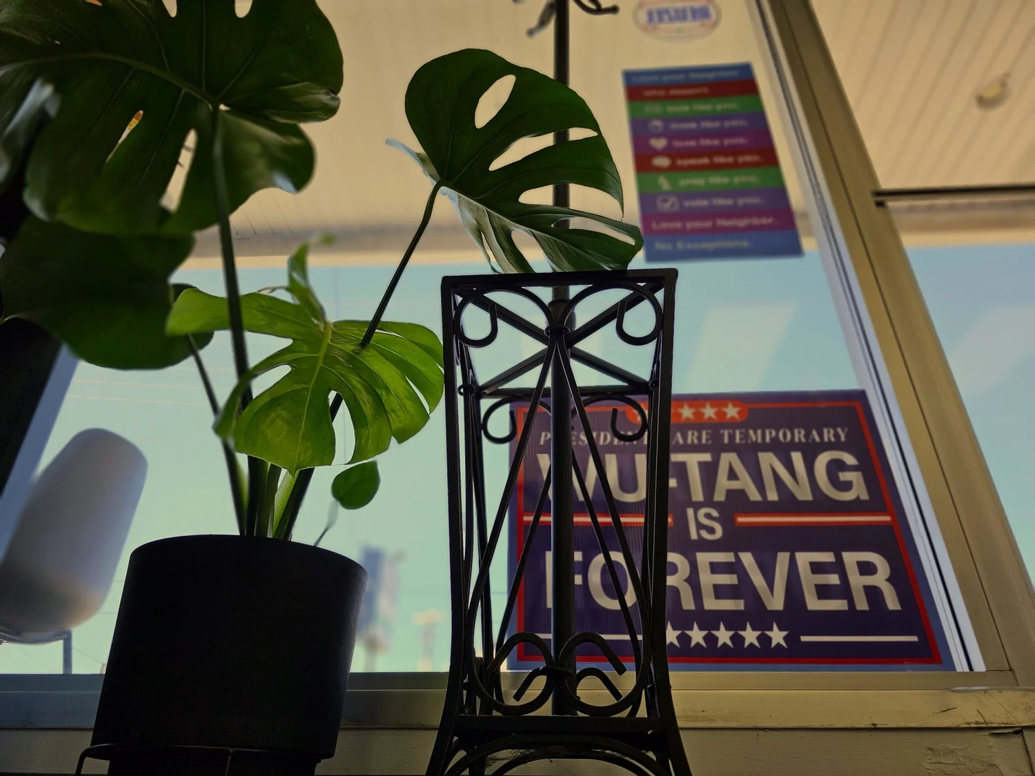 Black potted plant and wrought iron stand in front of a window with a poster that reads "MUTANG IS FOREVER".