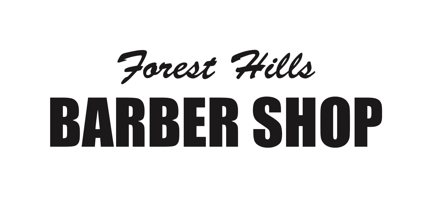 Logo for Forest Hills Barber Shop, featuring text in two different font styles.