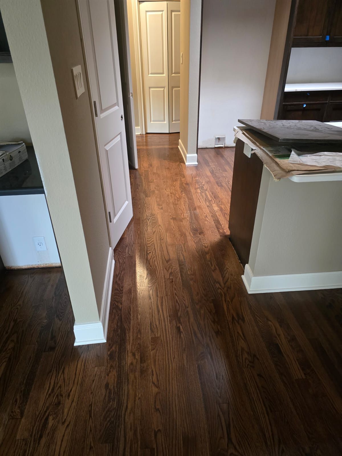 Dark hardwood floor in a hallway, lit by sunlight. White trim and beige walls frame the space.