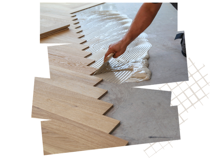 A person is applying glue to a wooden floor.