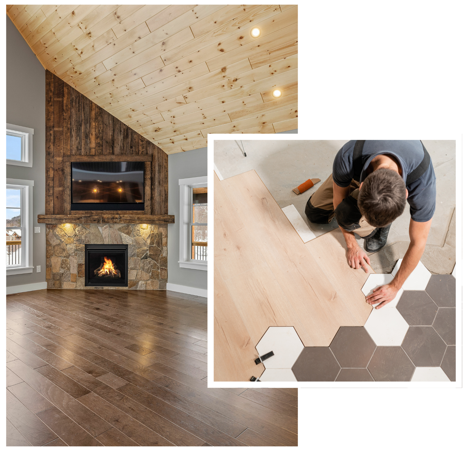 A man is installing a wooden floor in a living room.