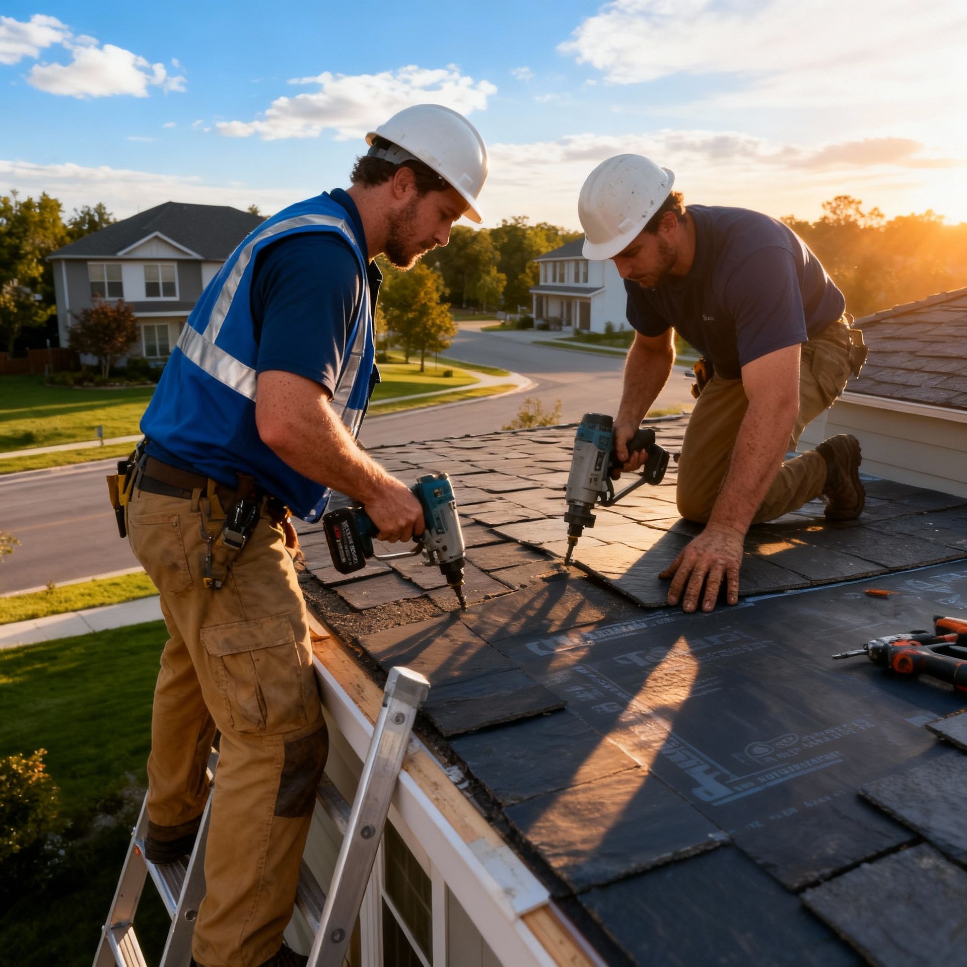 Construction worker with chainsaw and hammer, standing on a rooftop, city skyline in background.