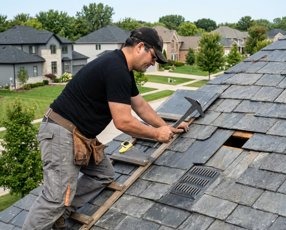 Roofer inspecting a dark roof with a flashlight, wearing a safety harness, yellow hard hat, and kneeling near paperwork.