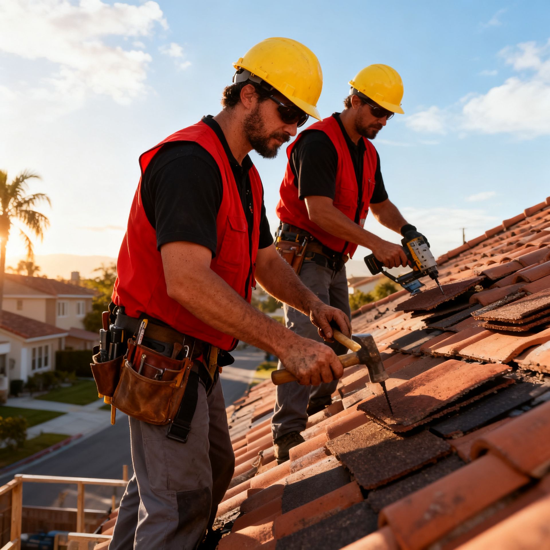 Roofer inspecting a dark roof with a flashlight, wearing a safety harness, yellow hard hat, and kneeling near paperwork.