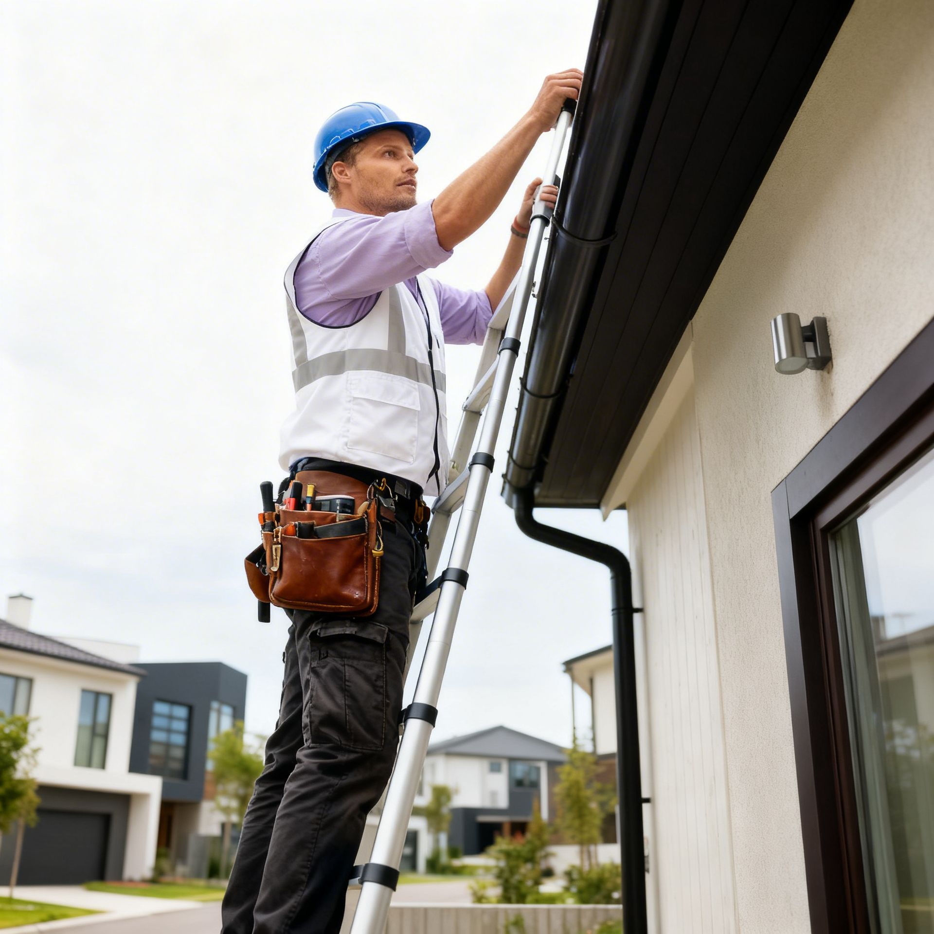 Man on rooftop installing blue roofing, holding tools, rural setting.