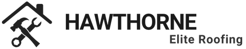 Logo of Hawthorne Elite Roofing: Jet Black icon of a house, hammer, and wrench.
