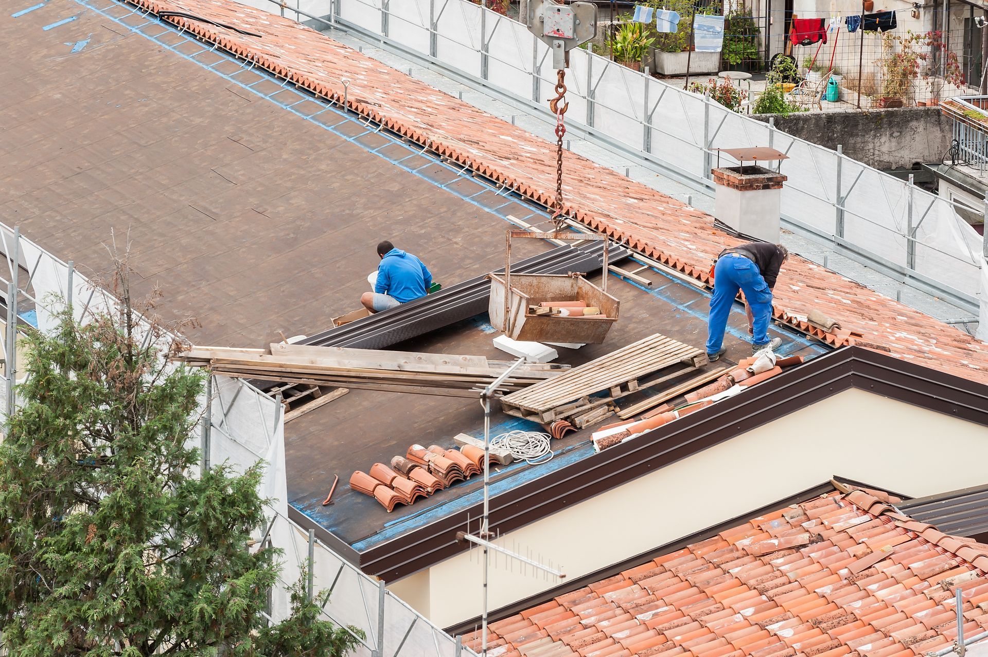 Two roofers passing clay roof tiles on a ladder, outdoors.