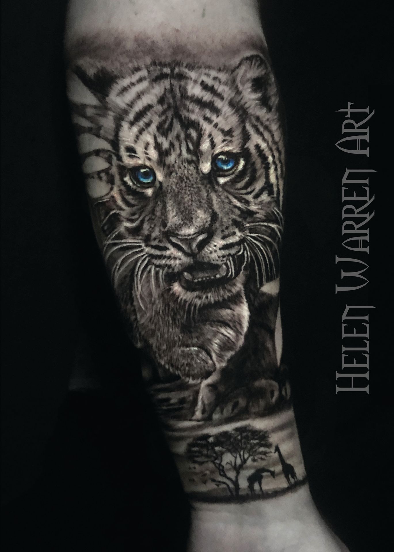 Black and white tiger tattoo with blue eyes on forearm, below is an African savanna scene.