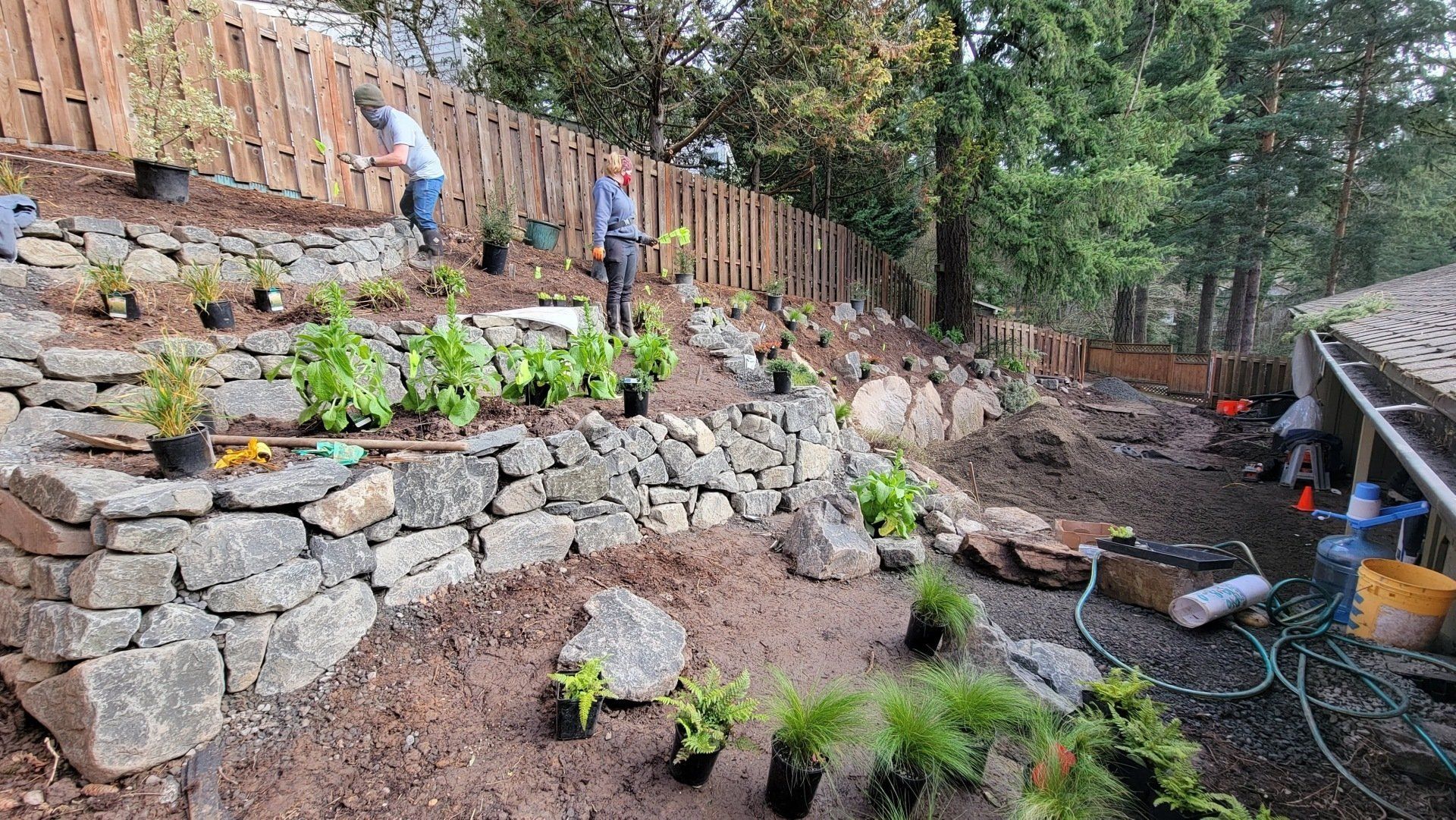 People planting various plants on a hillside with rock retaining walls.