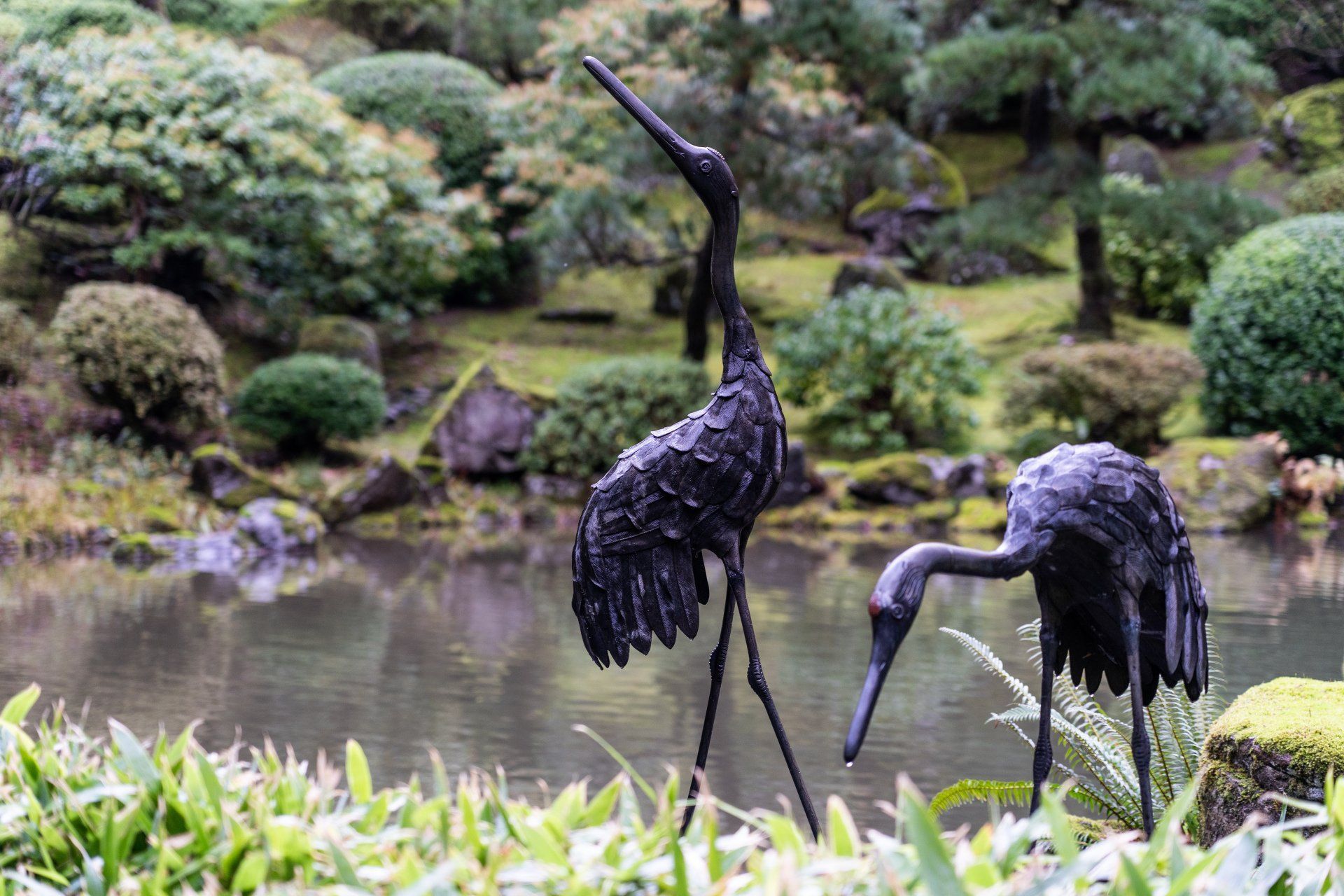Two dark metal crane sculptures stand by a pond in a Japanese garden.