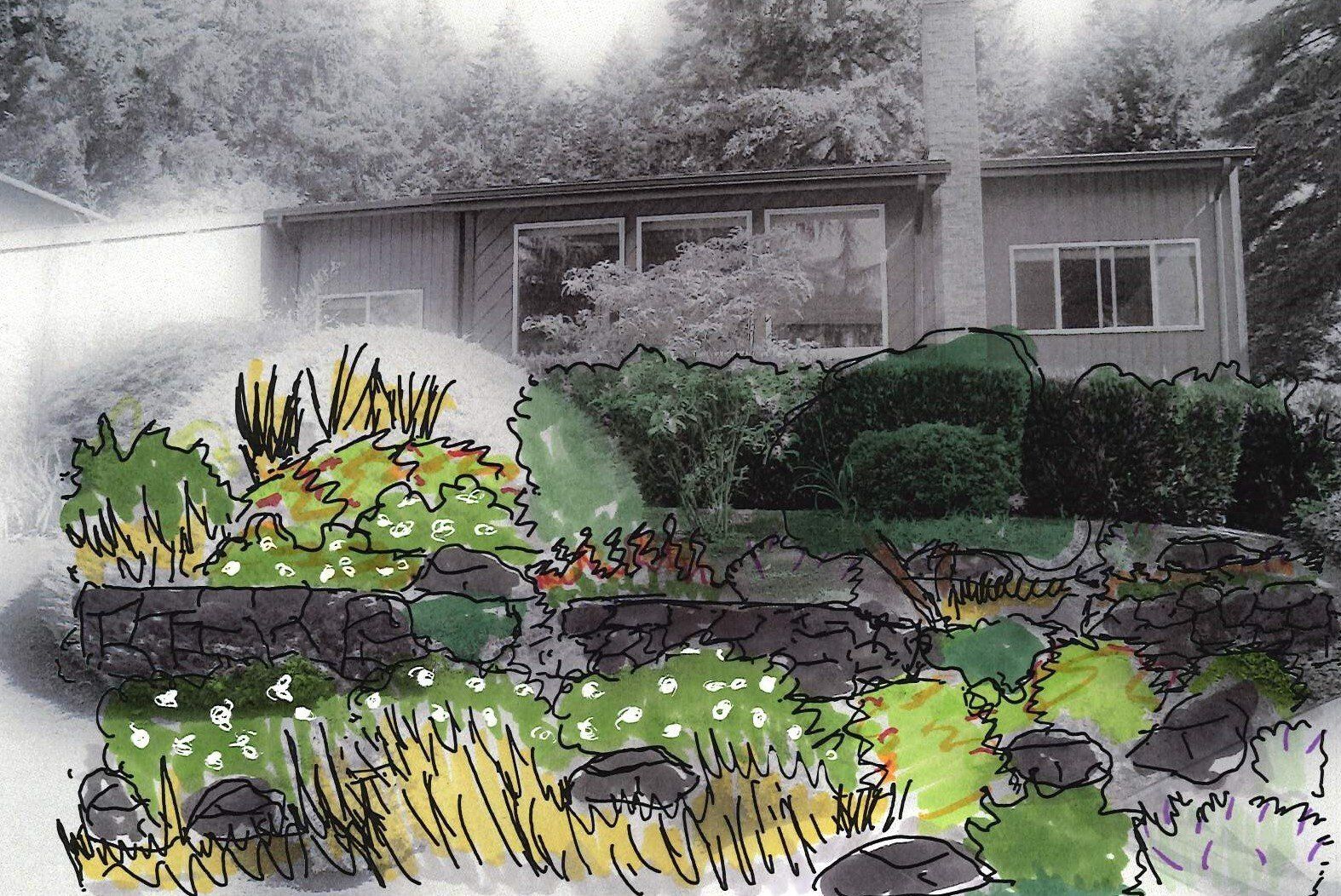 A watercolor rendering of a house and a stone-lined garden with various plants and shrubs.