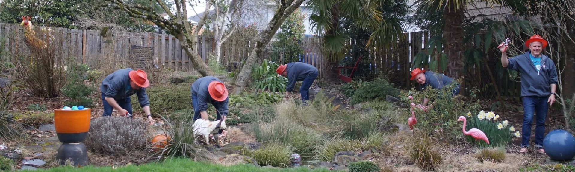 A man in a red hat and blue jacket poses and interacts with objects in a garden setting, including a hen and flamingo.