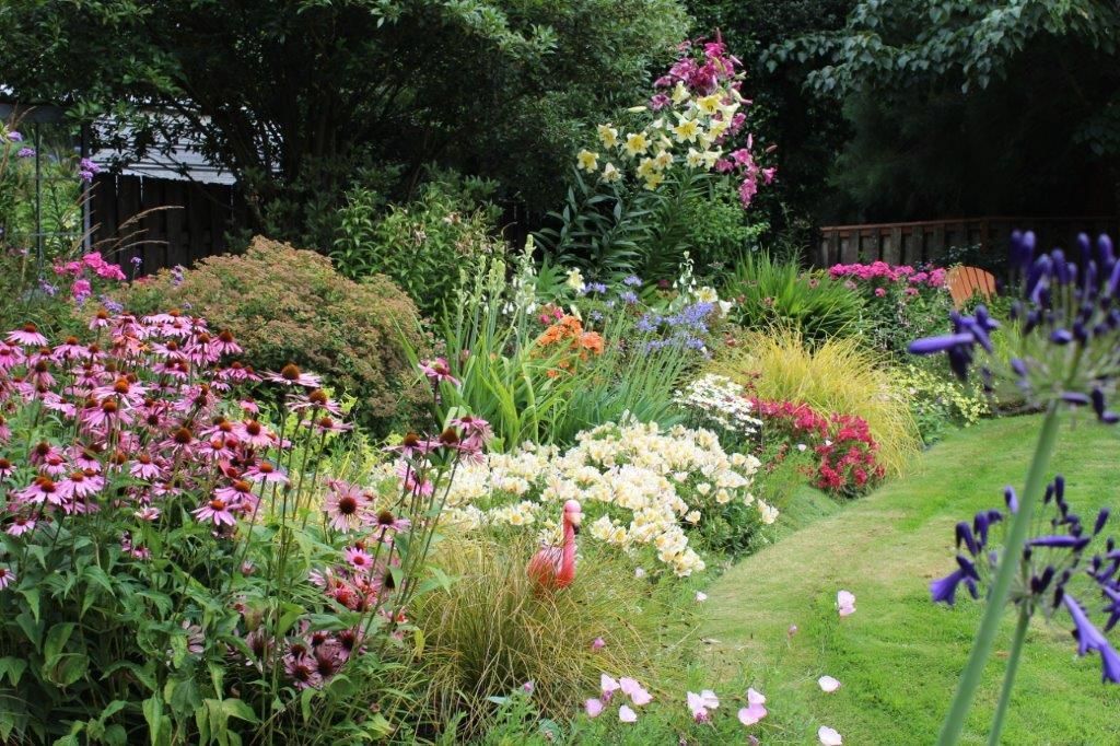 Lush garden bed with diverse flowering plants in pinks, yellows, and purples, beside a green grassy path.