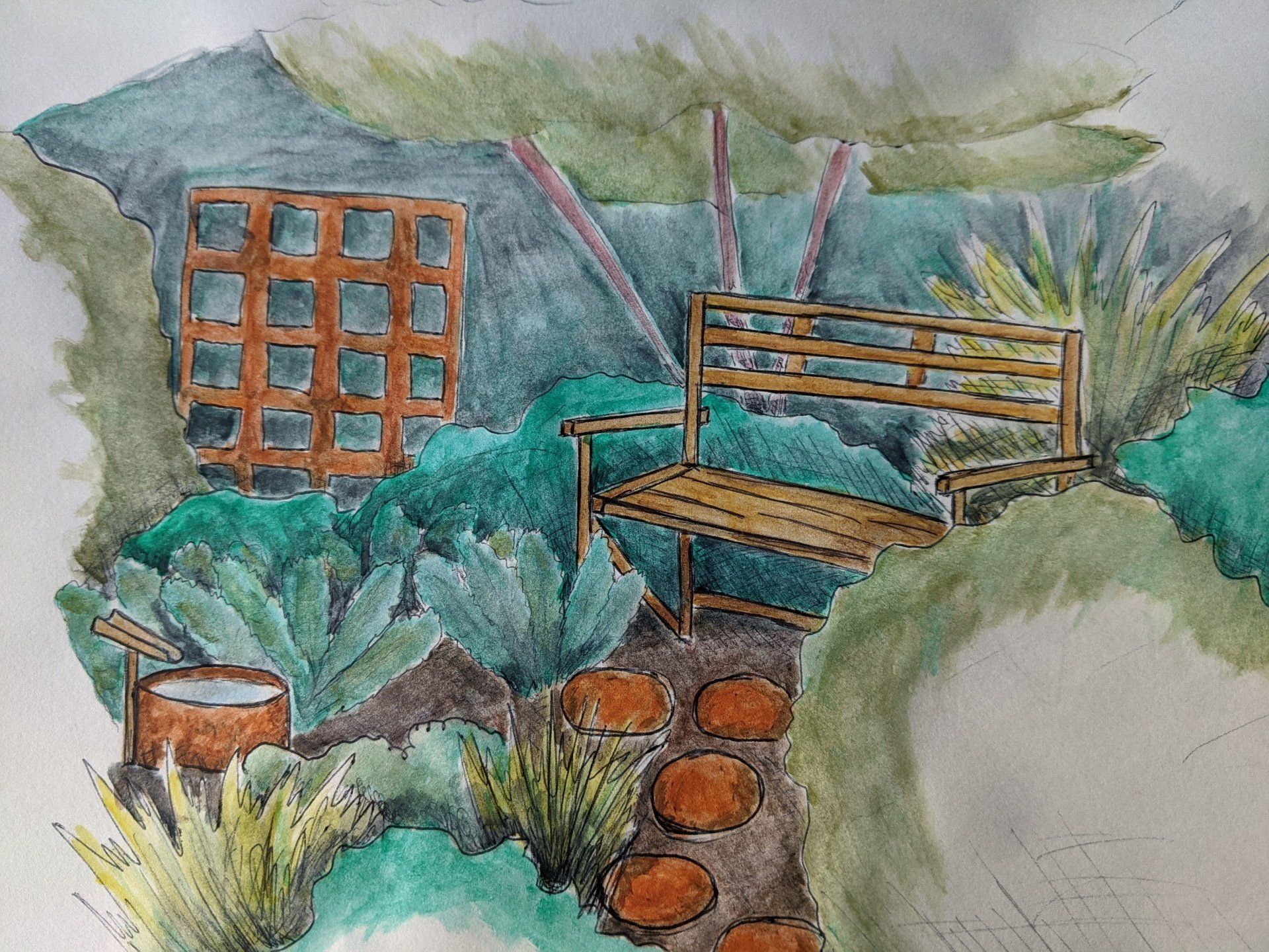 Watercolor of a garden scene with a bench, stepping stones, and a trellis. Green foliage and orange and brown accents.