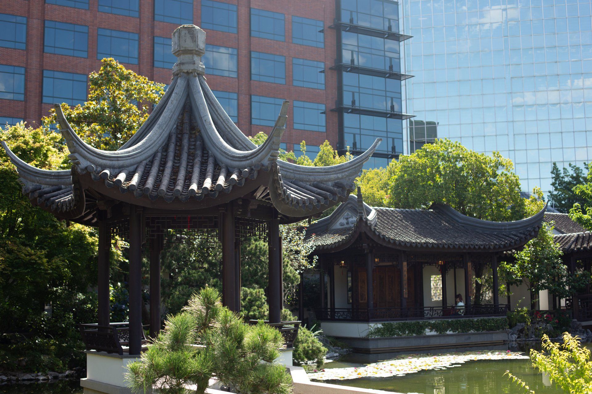 Traditional Chinese garden with ornate pavilions and pond, set against a modern glass-walled building.