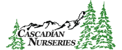 Logo of Cascadian Nurseries featuring black mountains, green pine trees, and the company name.