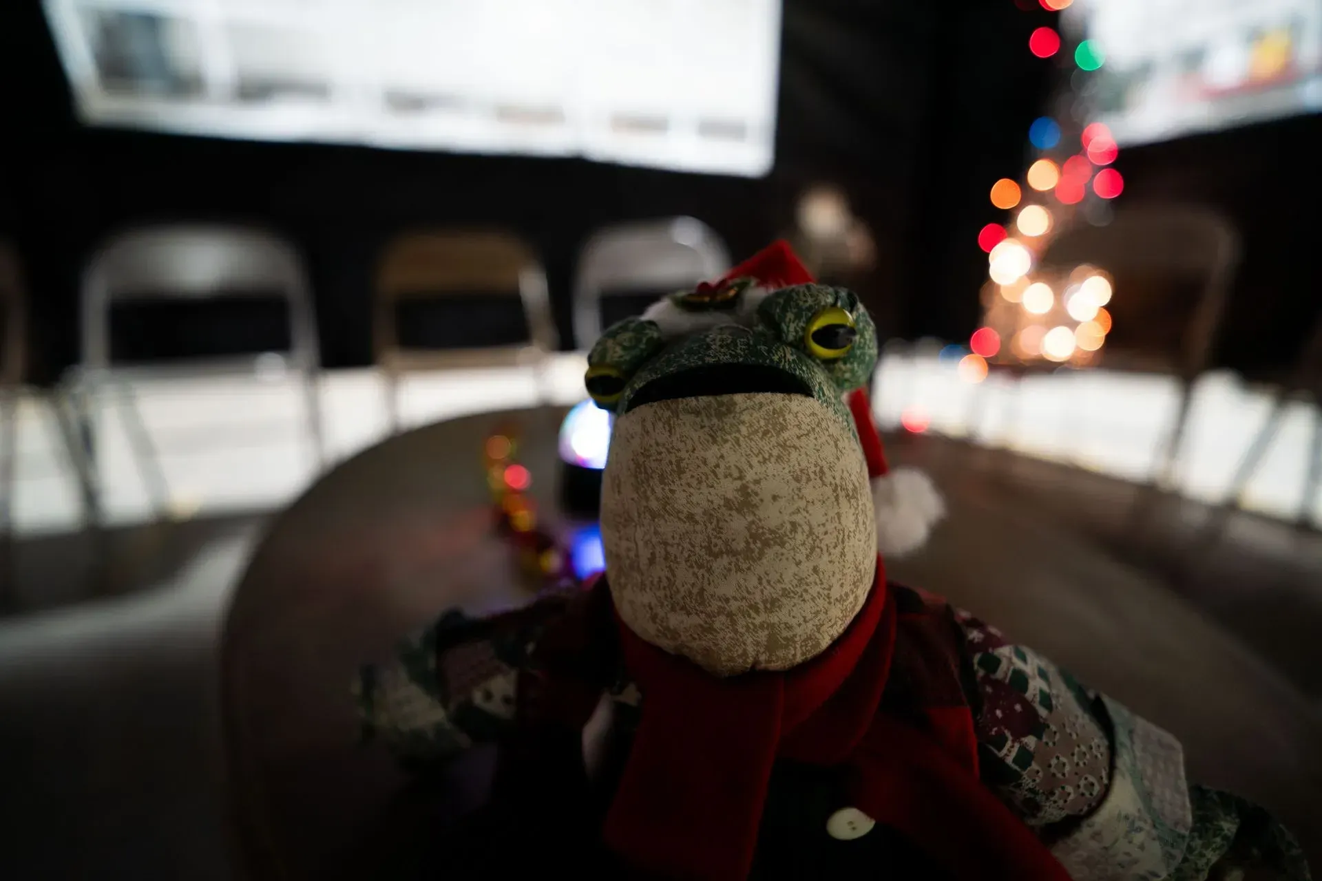 Close-up of a stuffed frog wearing a Santa hat and scarf, seated at a table. 