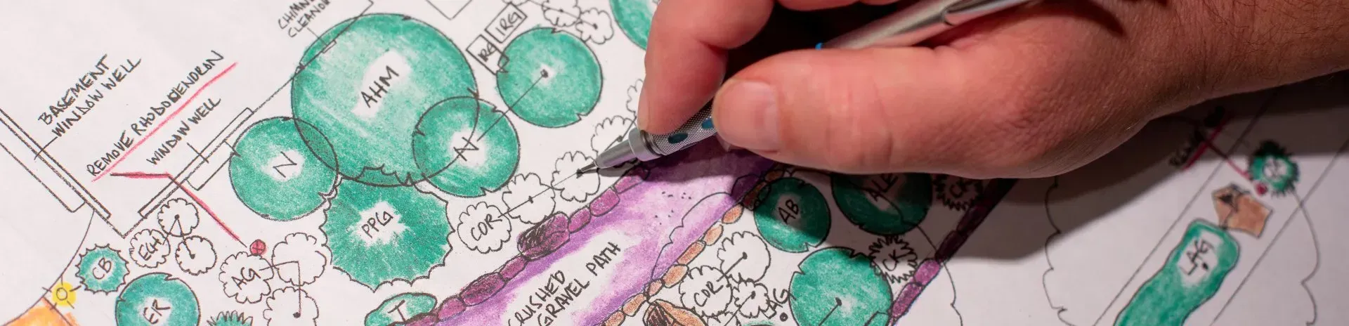 A hand with a pen over a landscape architectural plan, making edits. 