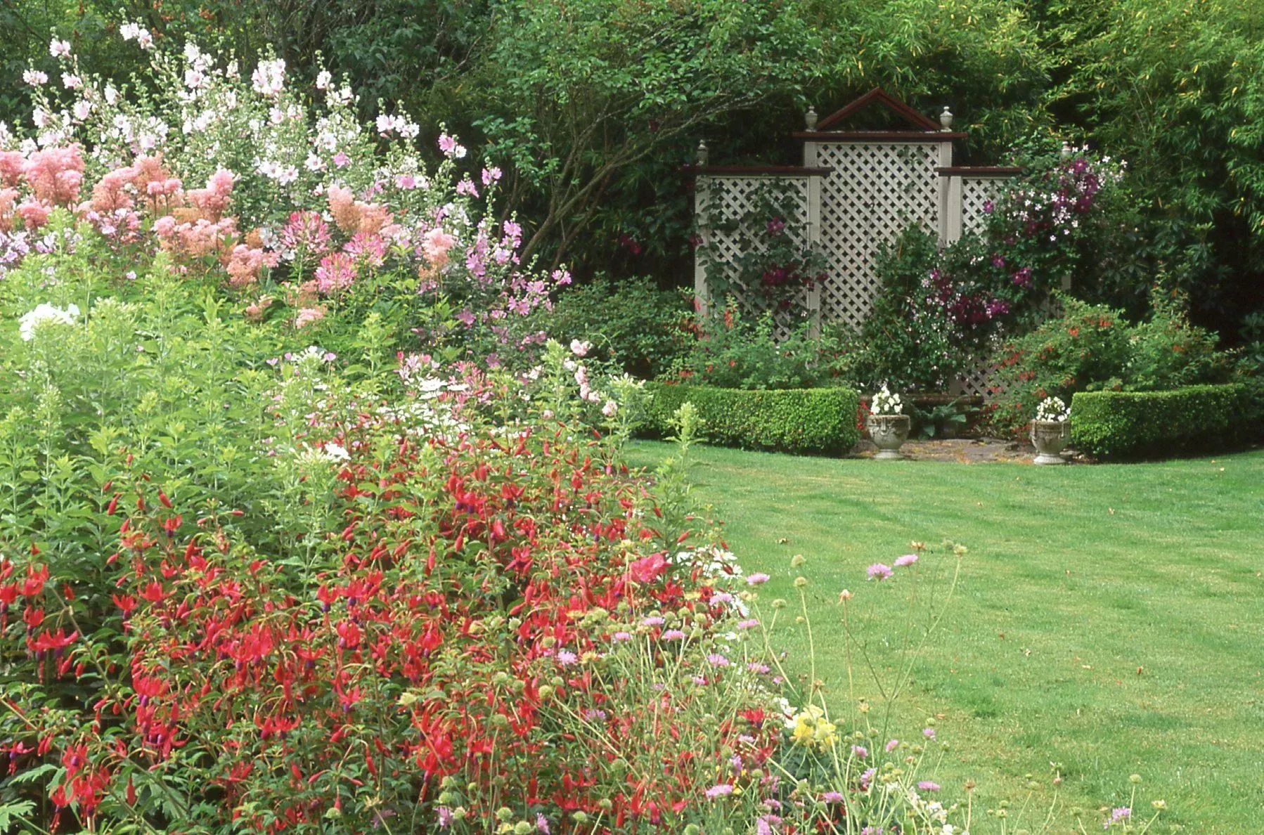 Lush garden scene with colorful flowers, manicured hedges, and a decorative trellis against a background of green foliage.
