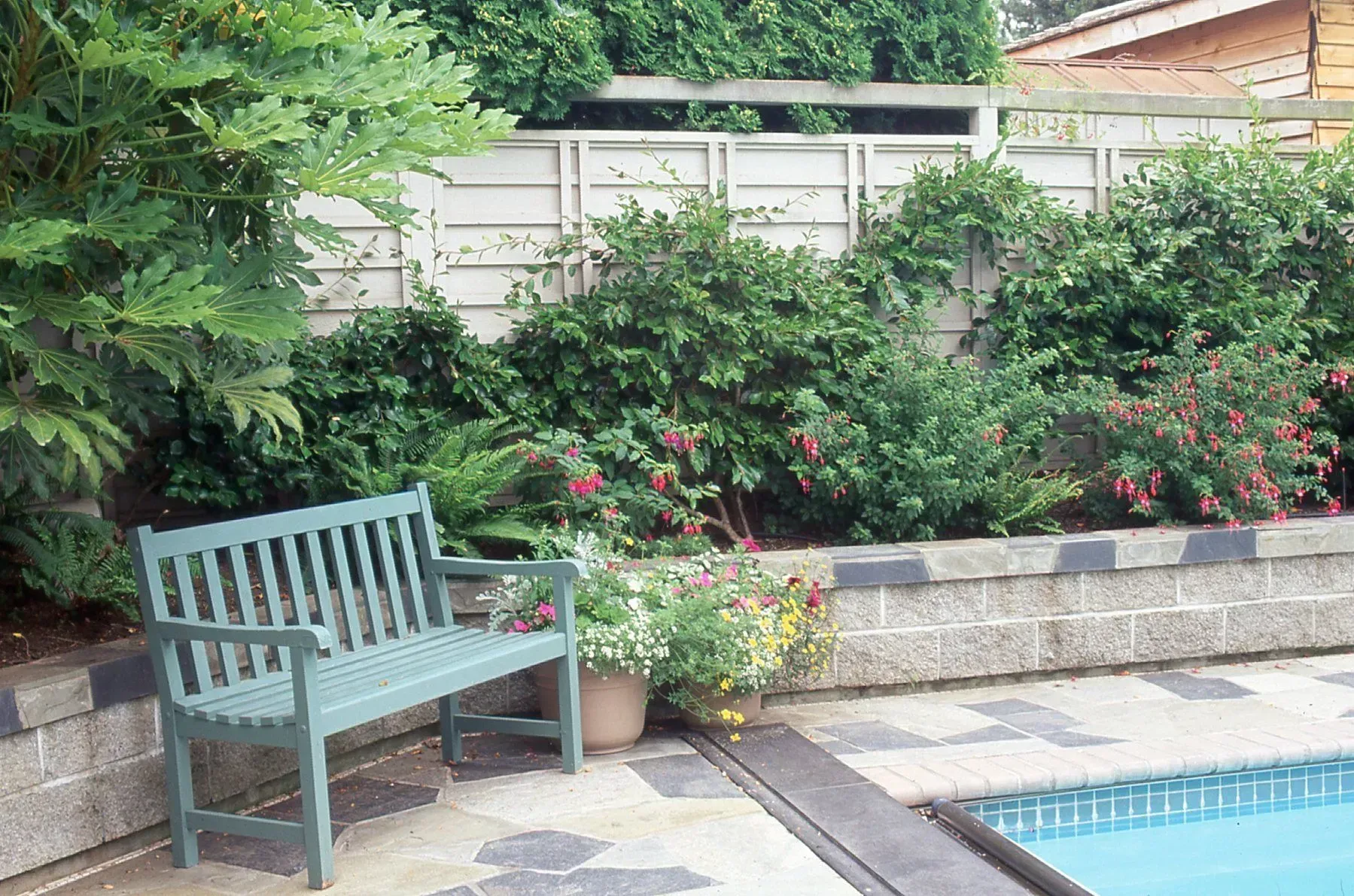 A green bench sits beside a swimming pool, with a garden bed and fence in the background.