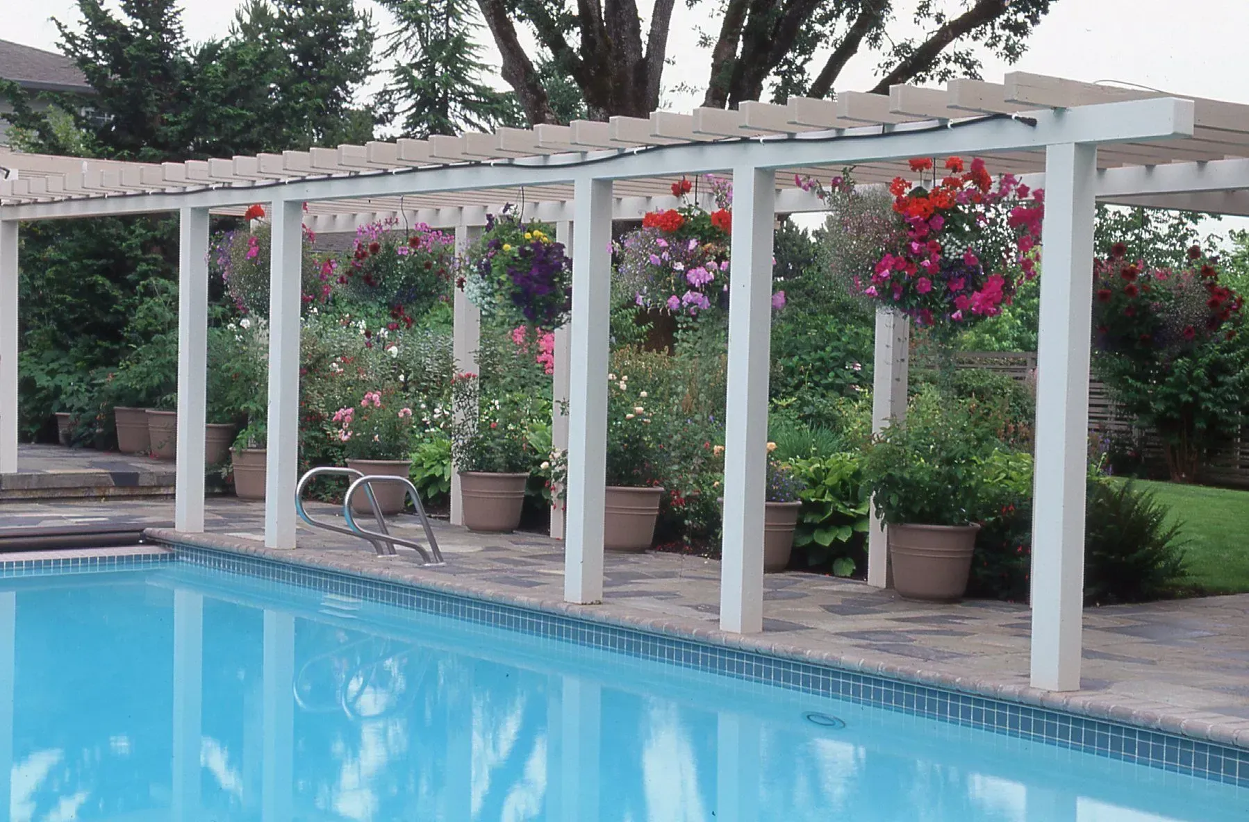 A white pergola with hanging flower baskets and potted plants lines a pool, surrounded by a lush green garden.