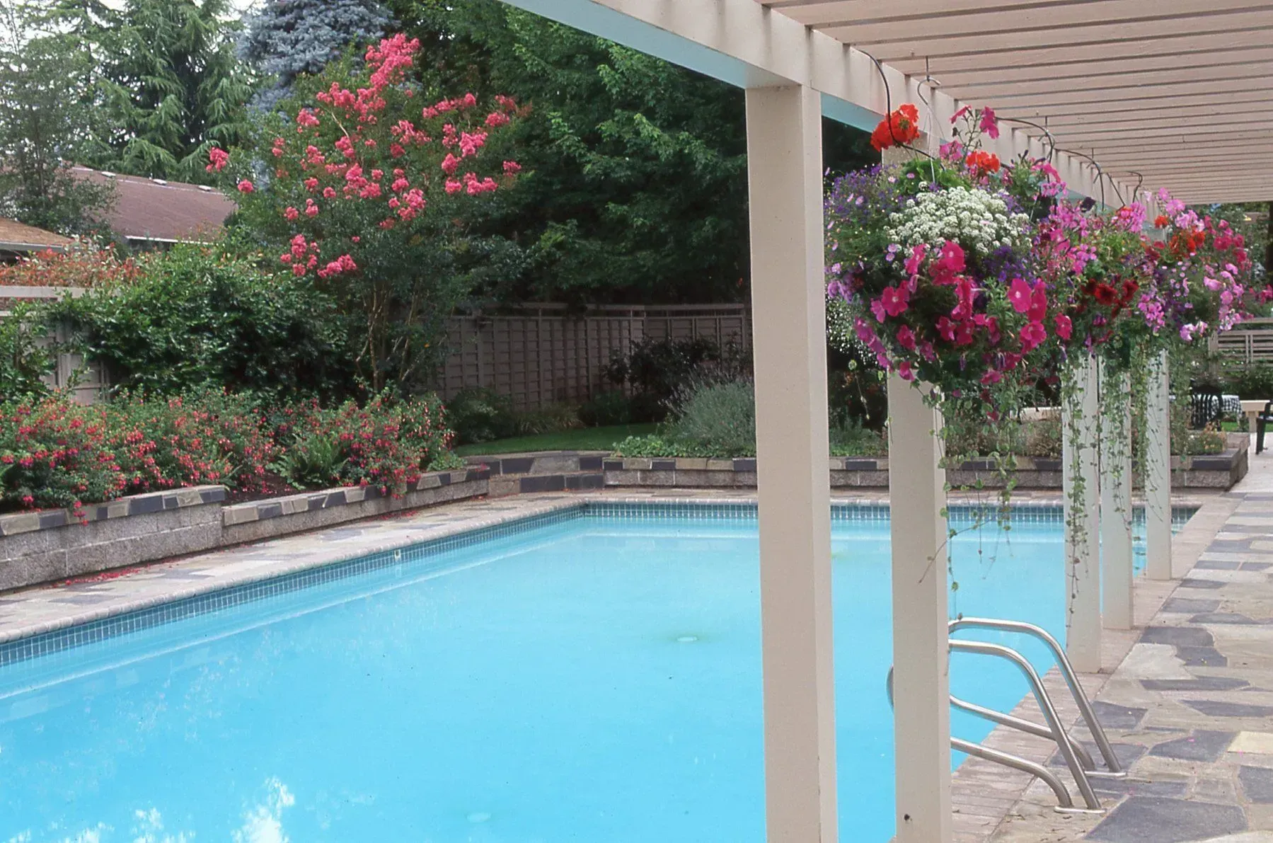 Poolside scene with a blue pool, white pergola with hanging flower baskets, and lush greenery in the background.