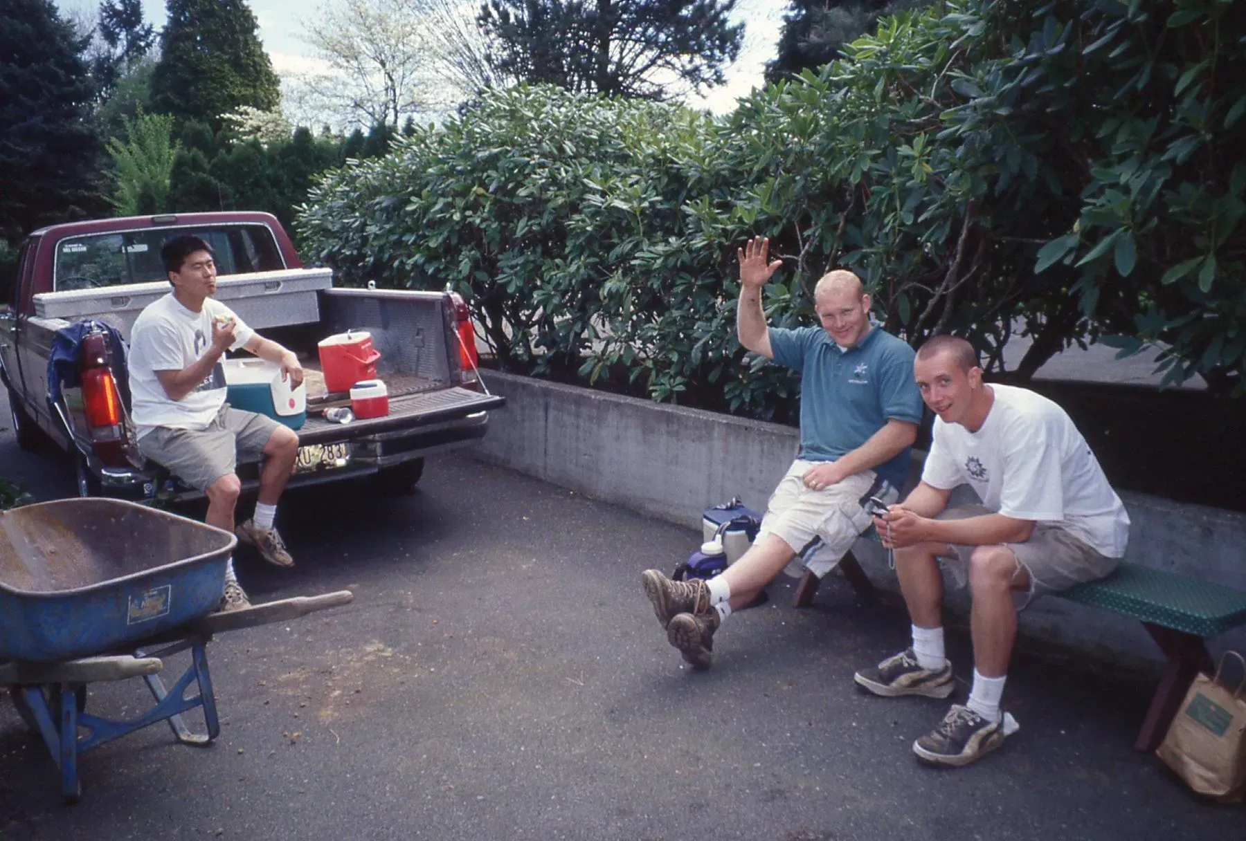Three men taking a break. 