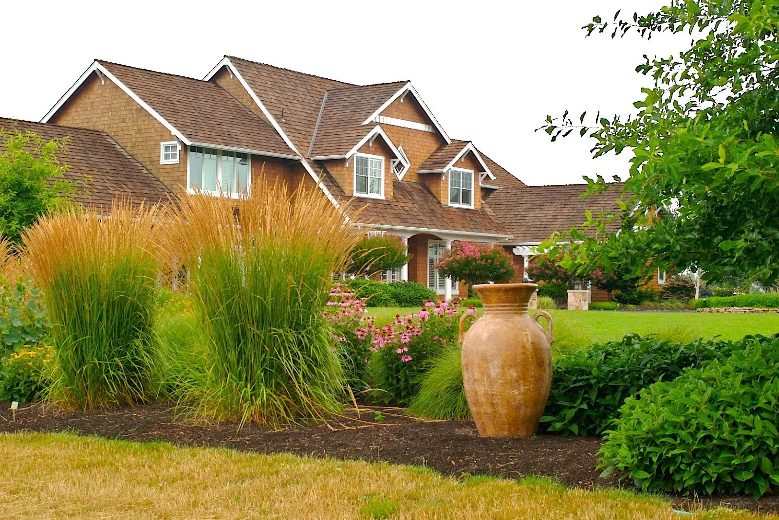 House with a brown roof and dormers, fronted by tall, golden ornamental grasses.