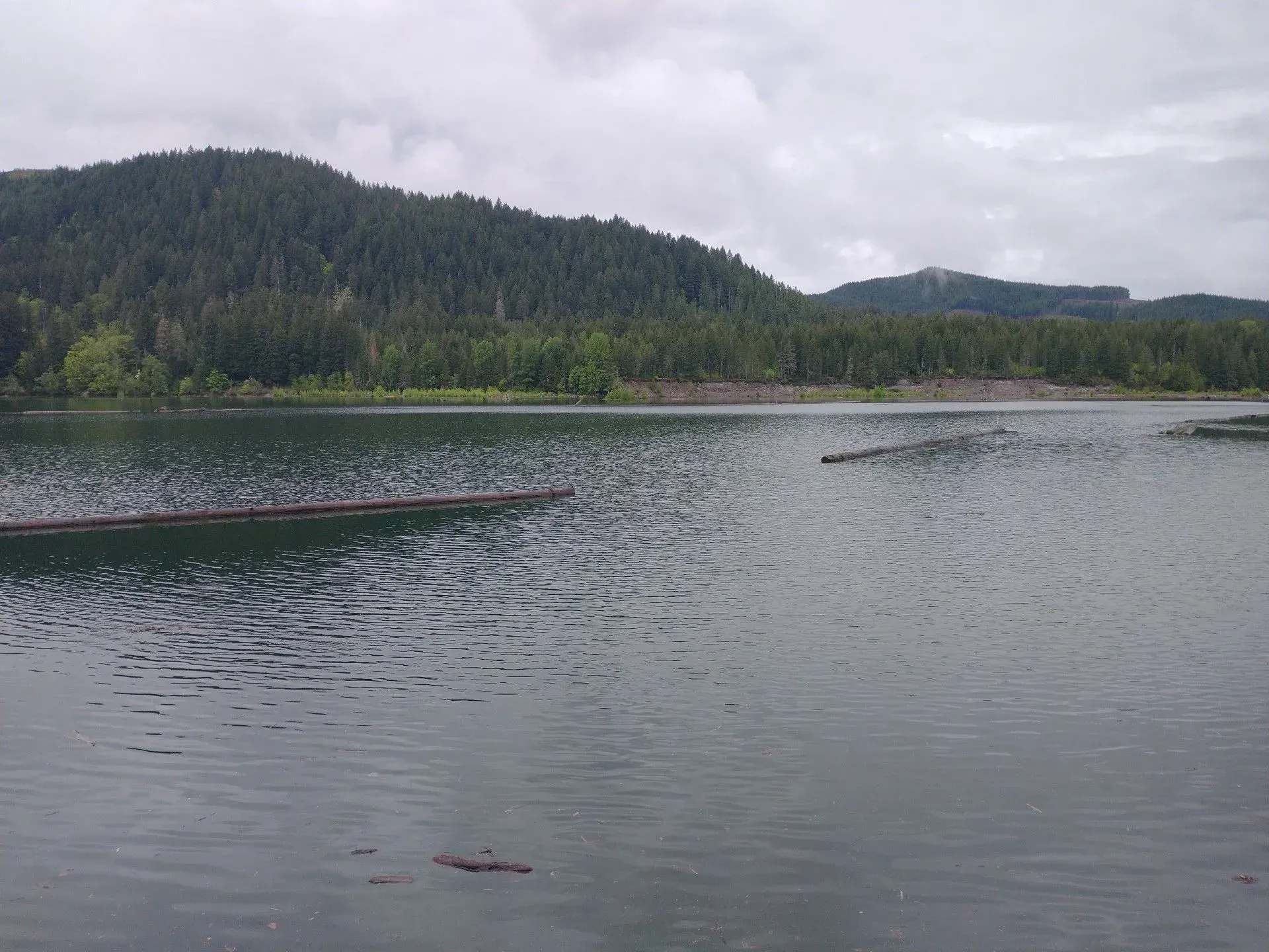 A lake with dark water reflects an overcast sky. A forested hillside frames the water.