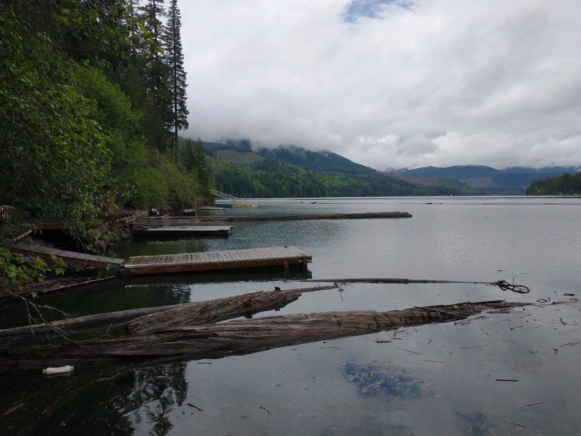 A calm lake with wooden docks and logs, surrounded by green trees and mountains under a cloudy sky.