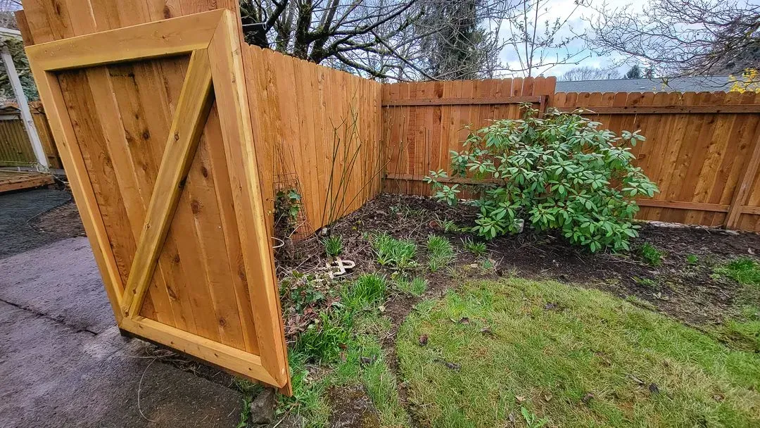 Wooden fence with a gate open, grassy yard with some greenery. Brown and green colors.
