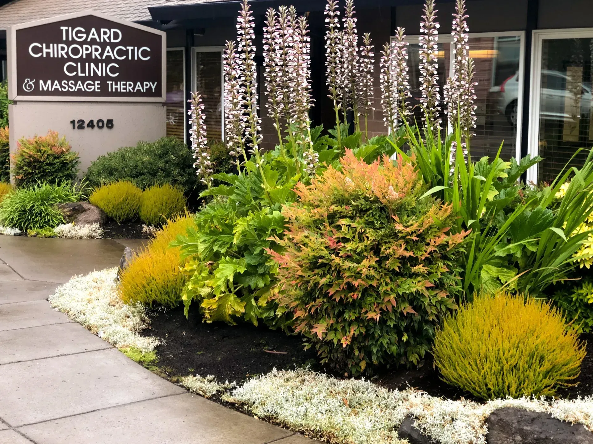 Sign for Tigard Chiropractic Clinic and Massage Therapy with a colorful garden in front.