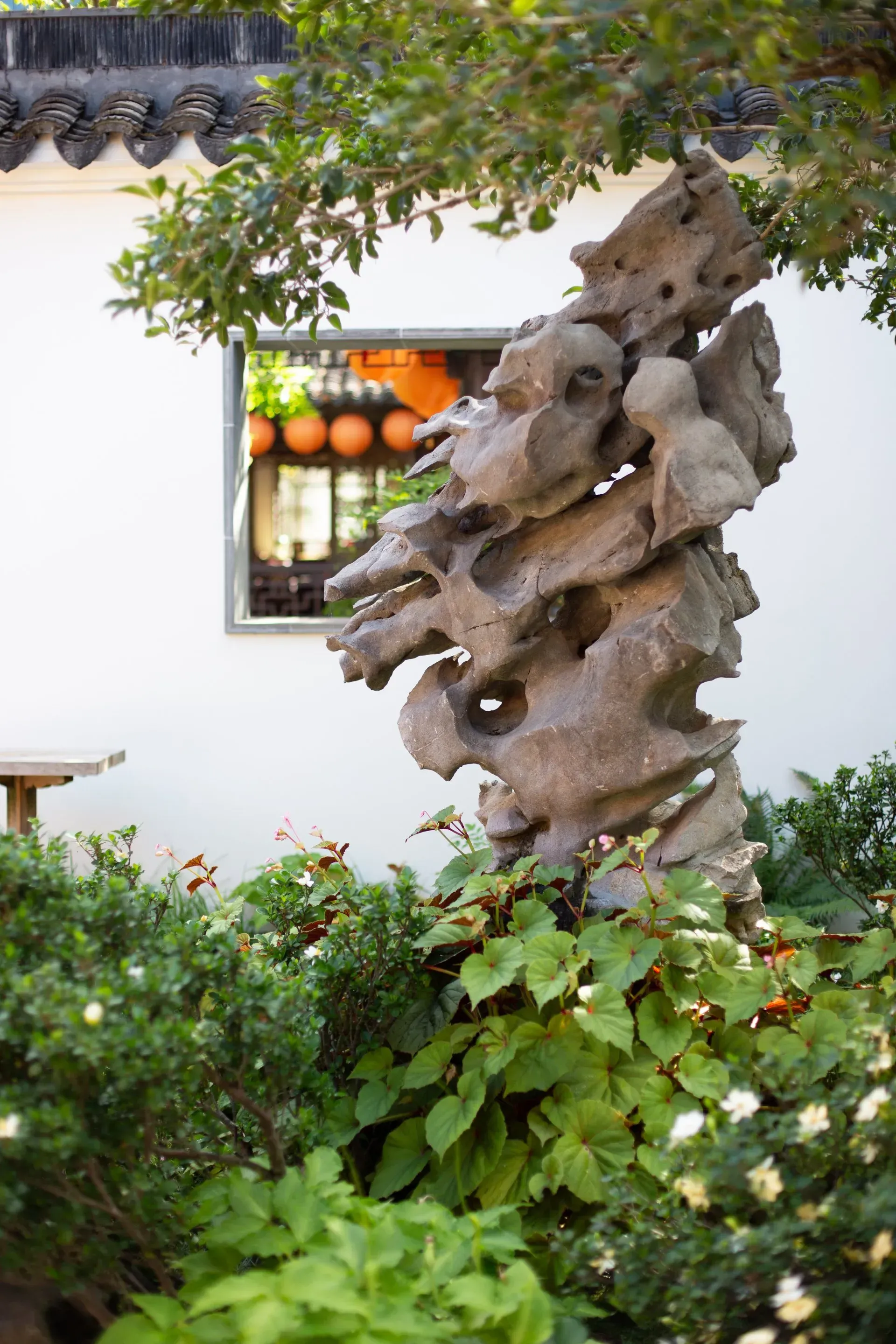 A weathered rock sculpture stands in a garden against a white wall with a window reflecting orange lanterns.