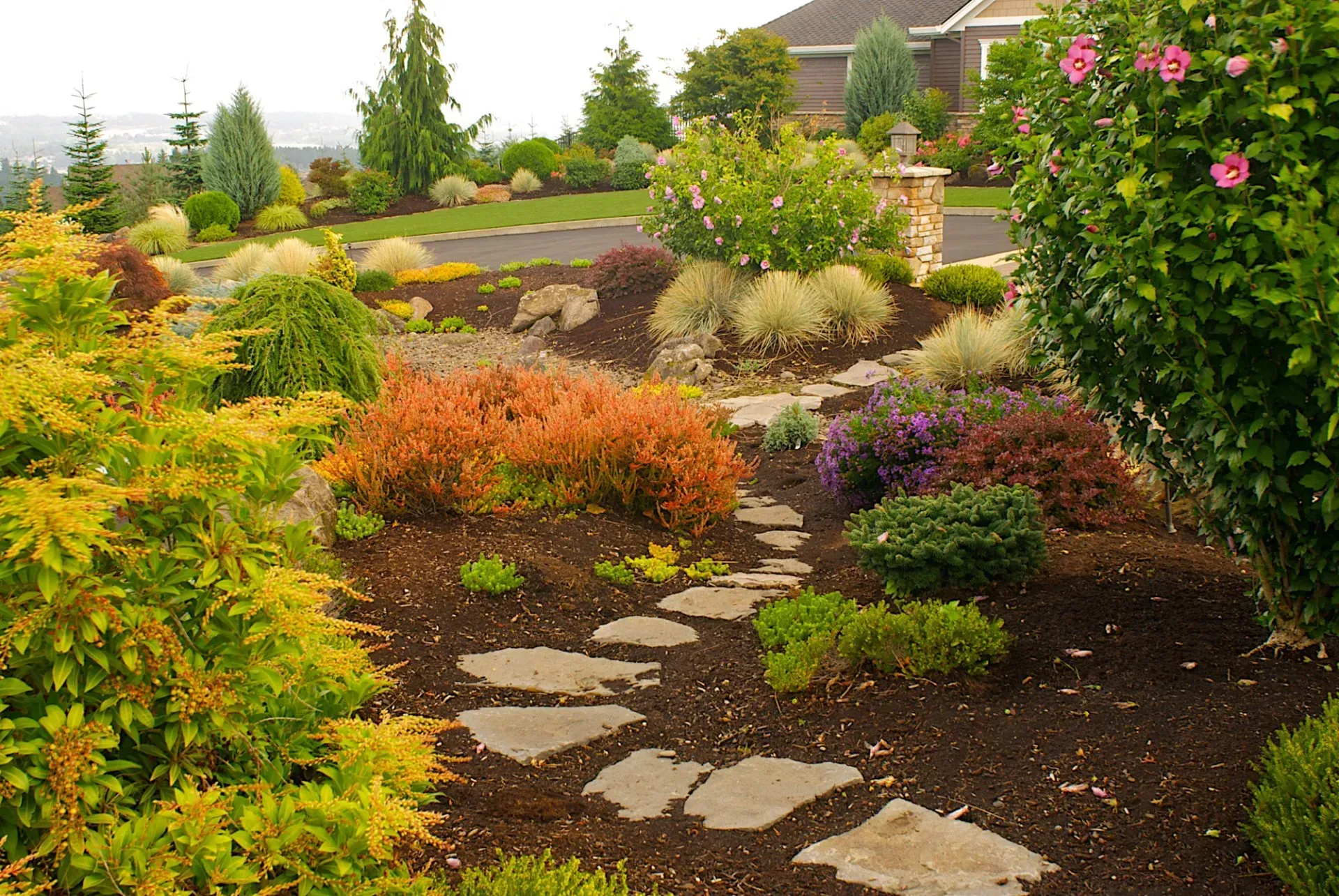 Landscaped yard with stone path winding through colorful shrubs and trees, a house in the background.