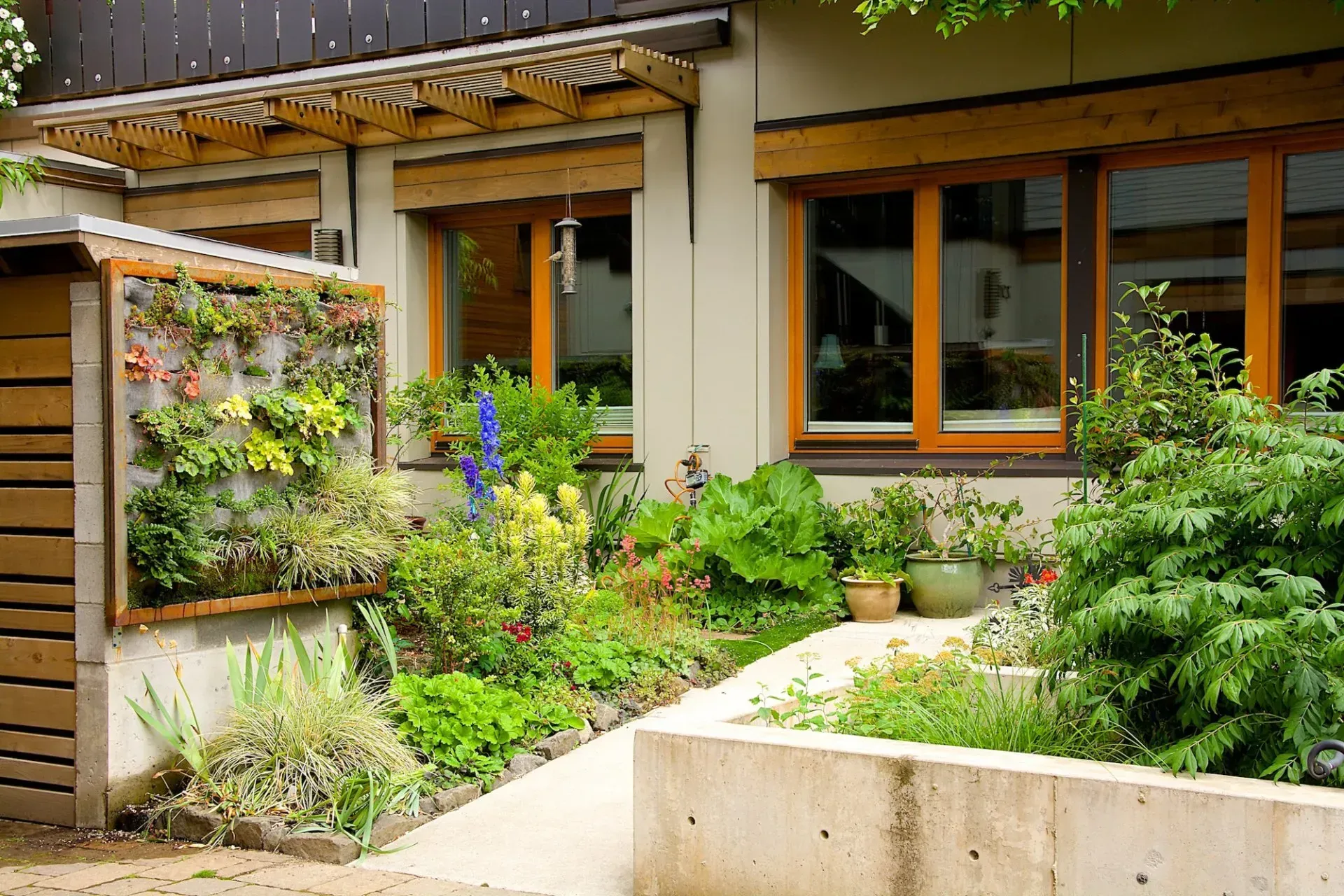 A building with a lush, colorful garden in front, including a vertical planter, windows, and a concrete pathway.